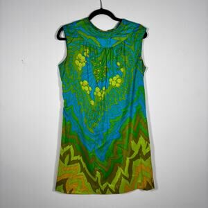 Vintage 1960s Psychedelic Shift Dress Blue Green Yellow Floral Tropical Print